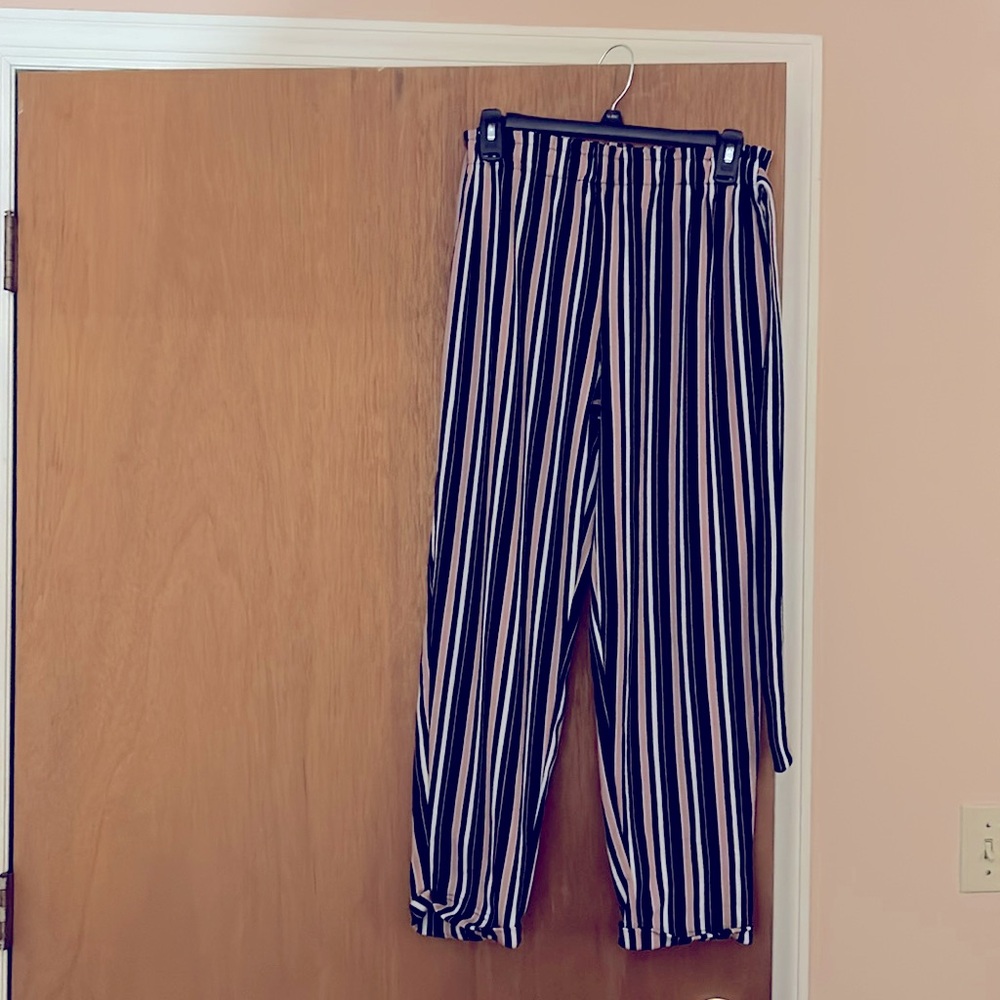 Pink and black stripe casual pants with attached belt